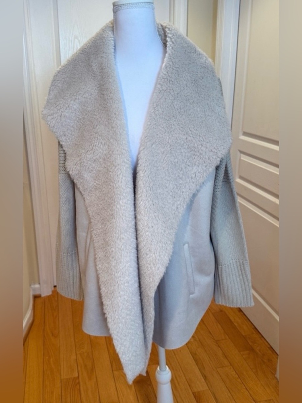 Context exclusively at Lord and Taylor Elegant Beige Knit Sherpa-Trim Jacket